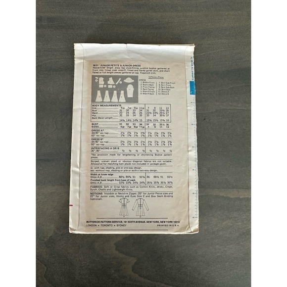 Butterick Vintage Uncut Junior Petite and Junior Dress Size 9 Pattern No 3631 - Picture 3 of 7